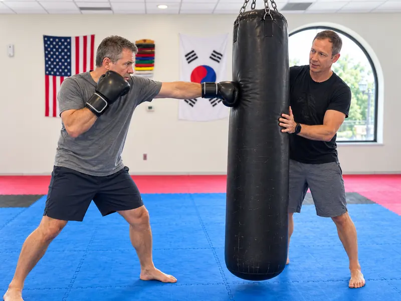 Adult client hitting a heavy bag with Joe holding it, mid-session